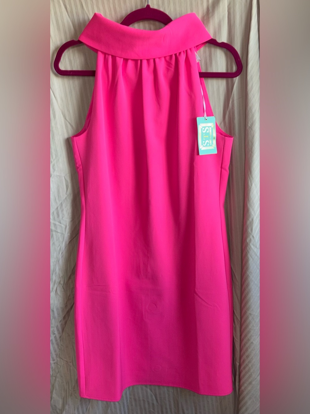 NWT Sail to Sable Hydra Hot Pink Cowl Neck Button Back Shift Dress Size S